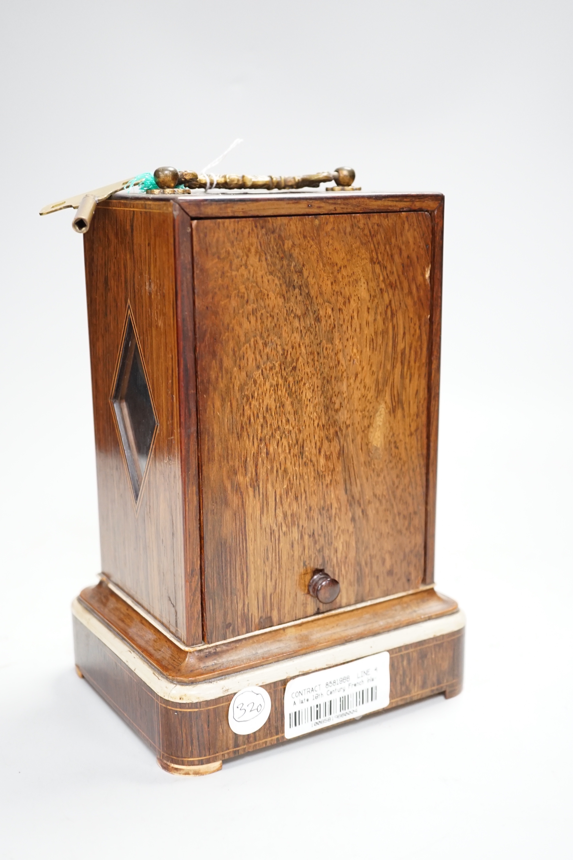 A 19th century French rosewood and marquetry inlaid mantel clock with silvered dial, 22cm high